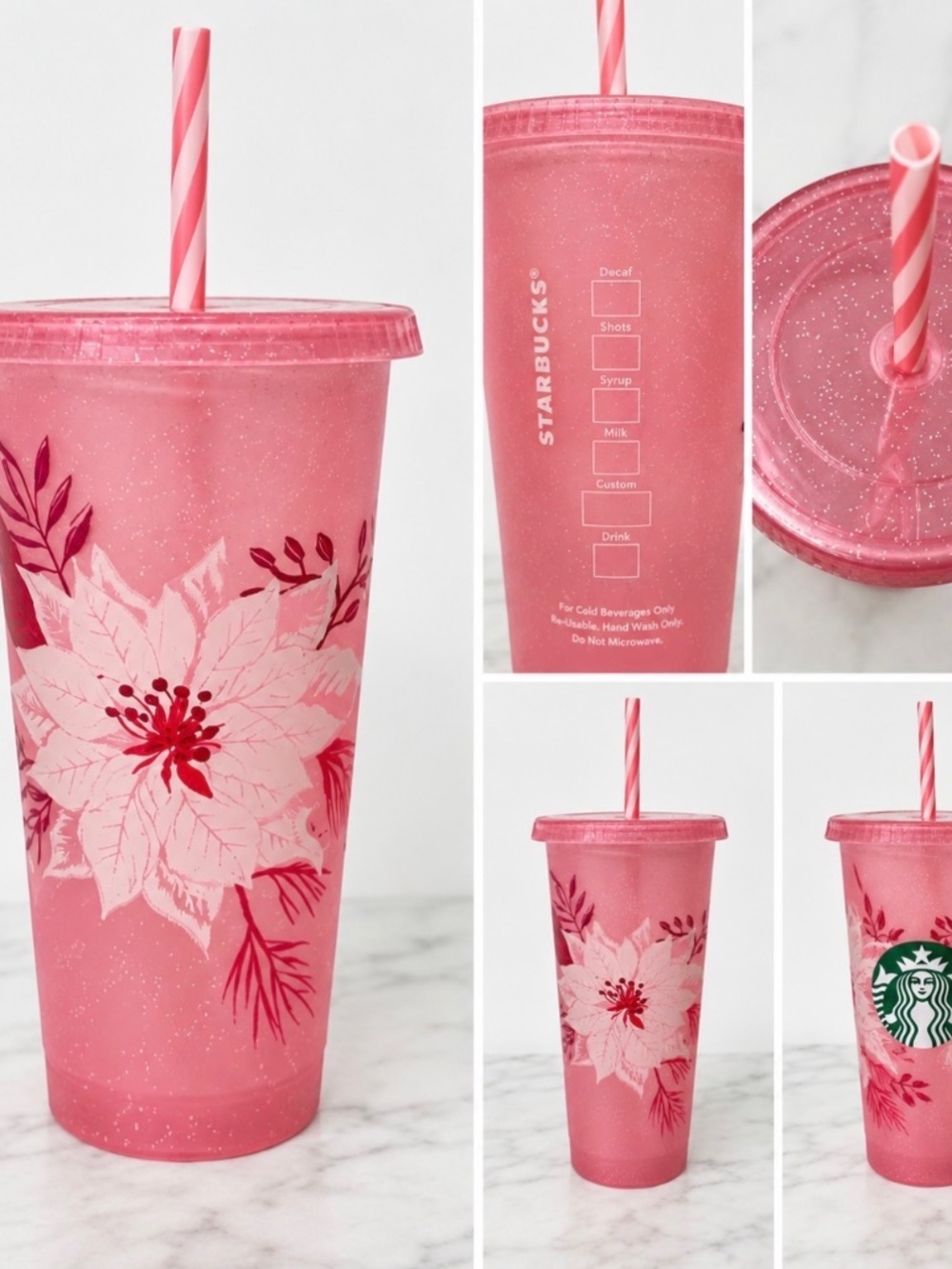 Starbucks Pink Poinsettia 24 oz Venti Cold Cup Tumbler 2021 Holiday